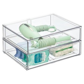 mDesign Wide Plastic Stackable Bathroom Storage Organizer Bin with Pull Out Drawer for Cabinet, Vanity, Shelf, Cupboard, Cabinet, Countertop, Closet Organization - Lumiere Collection - 2 Pack - Clear