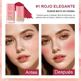 Rubor Multifuncional en Crema con Esponja Incorporada, 3 en 1 Blush en Barra, Sombra de Ojos y Labial, Textura Seda Duradera e Hidratante, Ideal para Retoques Rápidos sin Ensuciar Manos (Rojo Elegante)
