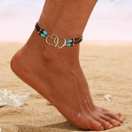 Elastic Beaded Ankle Bracelets for Women Double Heart Layered Stretch Ankle Bracelets Waterproof Dainty Boho Beaded Anklets for Summer Beach Foot Jewelry (Black Gold)