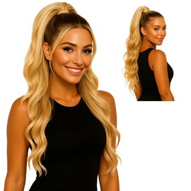 Drawstring Ponytail Hair Extension, Wavy Straight, 27,5 inch, Premium Bio Protein Synthetic Fiber Hair, Heat Resistant, Soft and Lightweight, Human Hair Texture, Model Emily (Platinum Blonde)