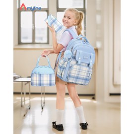 Amythe Girls Backpack with Lunch Box 3Pcs, Waterproof School Bag Set for Teen Elementary Middle School, Multi-Pocket Laptop Bookbag Lightweight, Blue