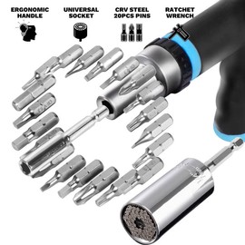 MANWALD Universal Socket Tool Set, Ratcheting T-Handle Screwdriver Set with Power Drill Adapter, Stocking Stuffers for Him, Women, Dad, Blue