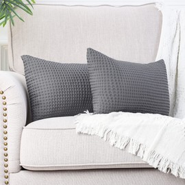 Mandioo Pack of 2 Waffle Textured Decorative Cushion Covers Solid Cotton Throw Pillow Case Soft Luxury Sofa Chair Couch Bed Livingroom Home 12 x 20 Inch 30 x 50 cm Grey