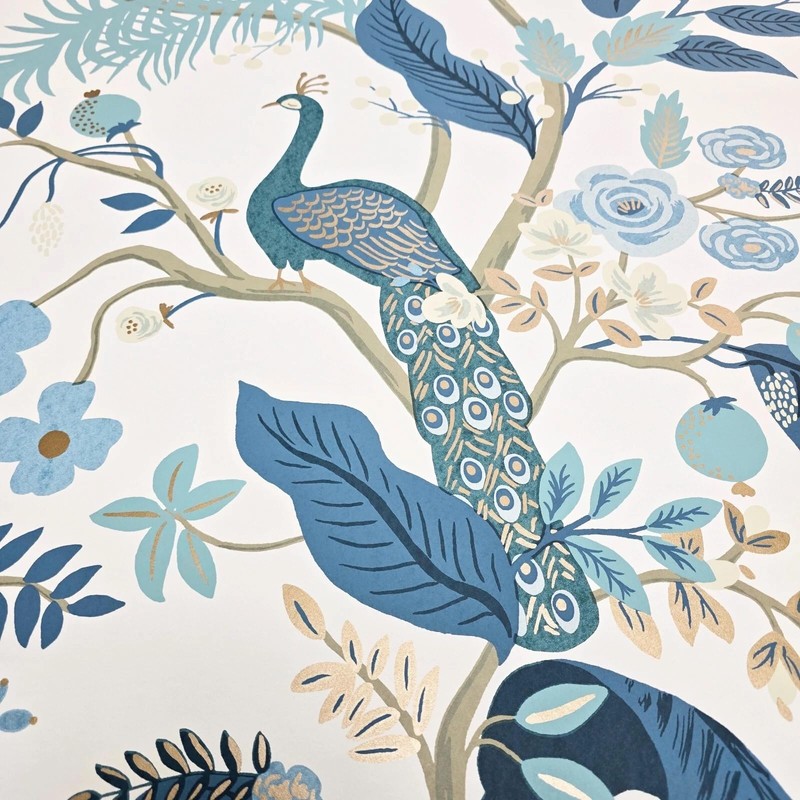 White Blue Tropical Tree Branches Leaves Flowers Peacock Botanical Wallpaper