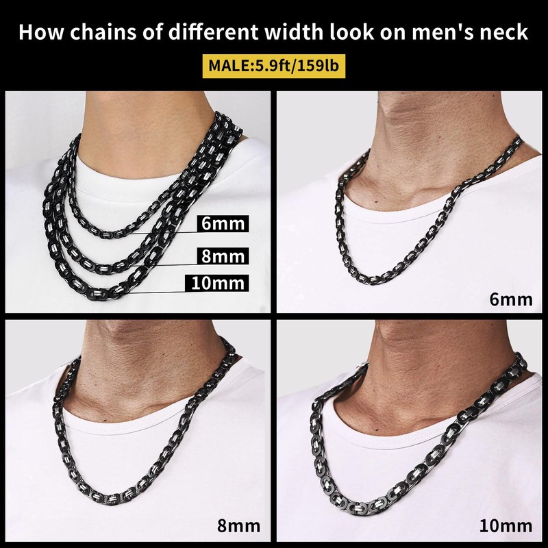 ChainsHouse Men Iron-Black Plating 6mm Wide Byzantine Link Chain Necklace