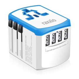 Raxxio Universal Travel Adapter, International Smart Power Plug with 2.4A 4 USB Ports Adapter, Converter for US, Canada, UK, Europe, AU, Asia (Blue and White)