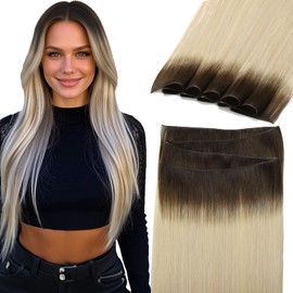 Lacer Blonde Sew in Hair Extensions Real Human Hair 18 Inch One Piece Genius Wefts Hair Extensions Platinum Blonde with Darkest Brown Roots Sew in Weft Natural Human Hair 50g