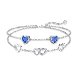 ROMANTICWORK Anklet for Women Sterling Silver 925 Double Anklet with Heart Adjustable Layered Anklet Beach Jewellery Gifts for Women, Sterling Silver