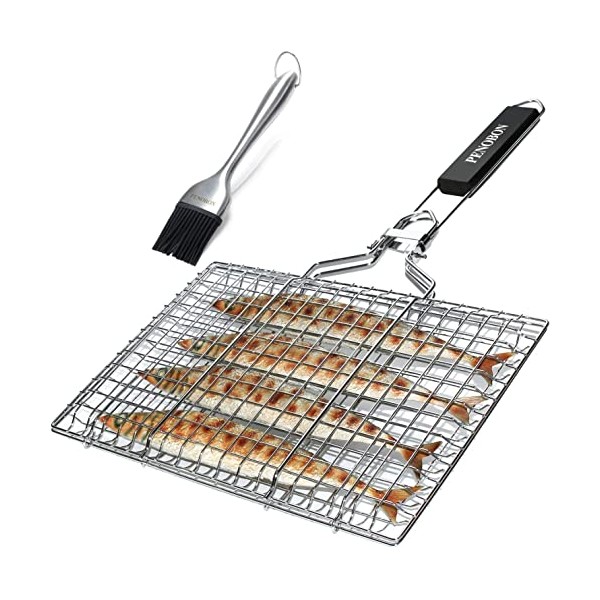 penobon Fish Grilling Basket, Folding Portable Stainless Steel BBQ Grill