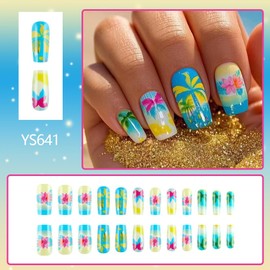 Summer Press on Nails Medium Square False Nails with Colorful Coconut Tree Design Pink Flower Fake Nails Glossy Beach Stick on Nails Ombre Blue Yellow Glue on Nails for Women Girls Manicure 24Pcs