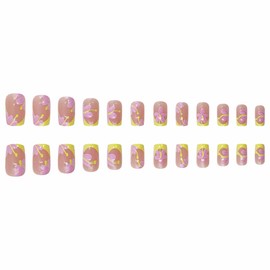 MERVF Square Press on Nails Medium Fake Nails Yellow French Tip Glue ons Acrylic Flower Nail Summer Tropical Squoval Manicure Supplies Art DIY 24pcs Glossy