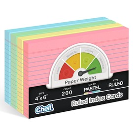 Chell Extra Heavyweight Index Cards 4x6 Inch, No Bleed-Through, 200 Count, Ruled Front and Blank Back, 80 lb. Cover Weight, Pastel Colors