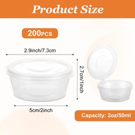 LOYORTY 200PCS Plastic Condiment Souffle Containers with Attached Lids, 2 oz Small Sauce Containers with Hinged Lids, Plastic Sauce Cups Portion Cups for Sauces, Samples, Slime, Jello Shot