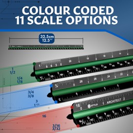 Stylo 12" Aluminum Architect Scale Ruler Laser Etched Triangle Drafting Ruler, Color Coded Grooves for Blueprint, Drafting and Drawing, Architectural Scale Ruler for Blueprints (Black, Imperial Units)