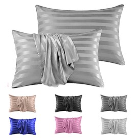Stripe Satin Silk Pillowcase Pillow cover for Hair and Skin Pillowcases with Envelope Closure Pillow case 50 x 75 cm (Silver Grey 2 Pcs)