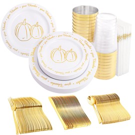 LIYH 200 Gold Plastic Dinnerware,Gold Plastic Plates with Gold Pumpkin,Thanksgiving Party Plates,Gold Plastic Silverware,Friendsgiving Plates,Gold Napkins,Thanksgiving Dinner Party Decorations