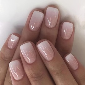 MIXFOSAHN Press on Nails Short Square French Tip Fake Nails White & Pink Gradient False Nails with Designs Gradient Glossy Glue on Nails Stick on Nails Acrylic Nails for Women Girls 24 Pcs