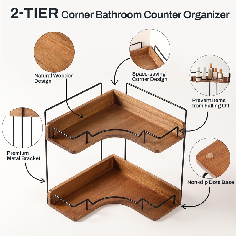 Snuvid 2-Tier Bathroom Counter Organizer, Wooden Corner Shelf for Vanity
