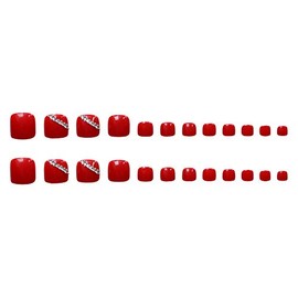 24pcs False Toenails with Design Acrylic Short Fake Toenails with Rhinestone Decorated Sticker On Toenails Art Red