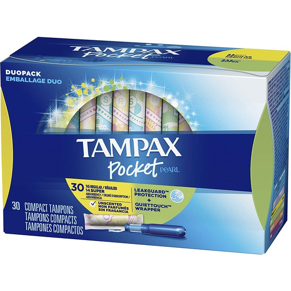 Tampax Pocket Pearl Plastic Tampons, Duopack (Regular/Super Absorbency), Unscented, 30 Count (Packaging May Vary)