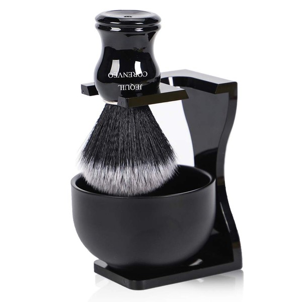 Je&Co Men's Shaving Brush Set, 3 in 1 Synthetic Shaving Brush with Acrylic Stand and Steel Bowl