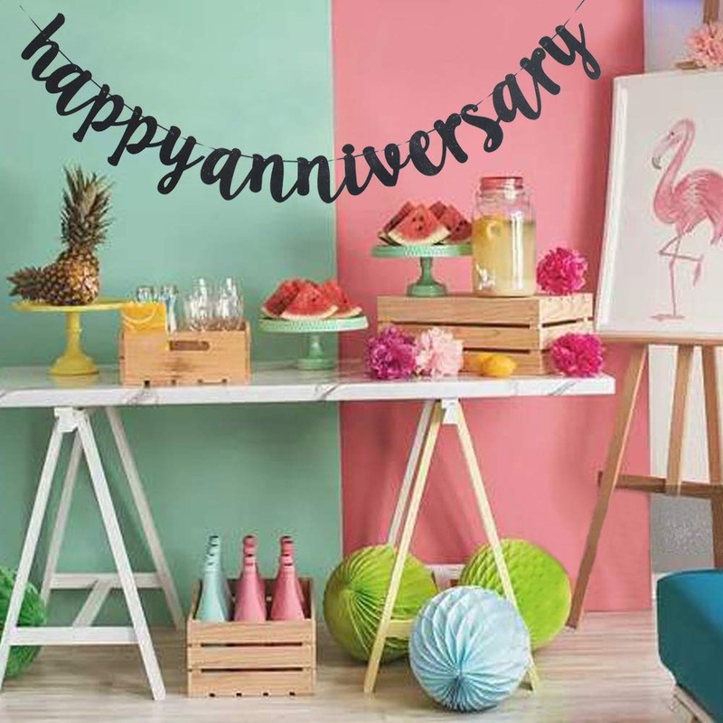 Happy Anniversary Banner, Funny Black Paper Sign Decors for Wedding