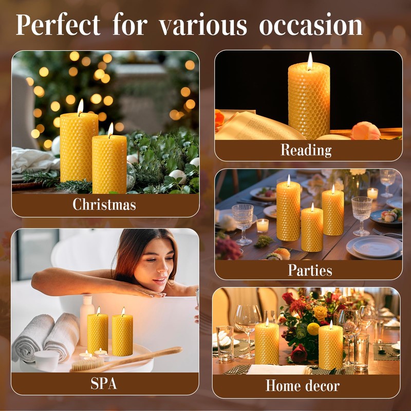 Pure Beeswax Pillar Candles,3 Pack Hand-Rolled Natural Beeswax Candles(1.77x3in,2x4in,2x6in) 60
