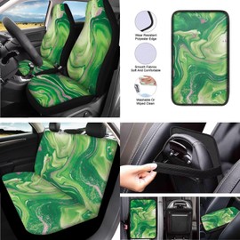 Uskorhein Fluid Painting 13 pcs/Set Car Seat Covers Full Set, Green Gradient Steering Wheel Cover Back Headrest Cover Coaster Keychains for Trucks Sedan SUV, Modern Minimalism