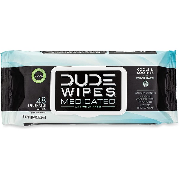 DUDE Wipes Medicated Flushable Wipes, Fragrance Free Wet Wipes with Witch Hazel, Vitamin E & Aloe, 48 Count
