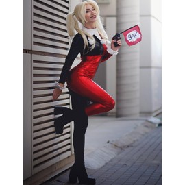 Kepblom Shiny Metallic Unitard - Red & Black One piece Union Suit Cosplay Outfit Zentai Suit Catsuit Dancewear, Red & Black, XL