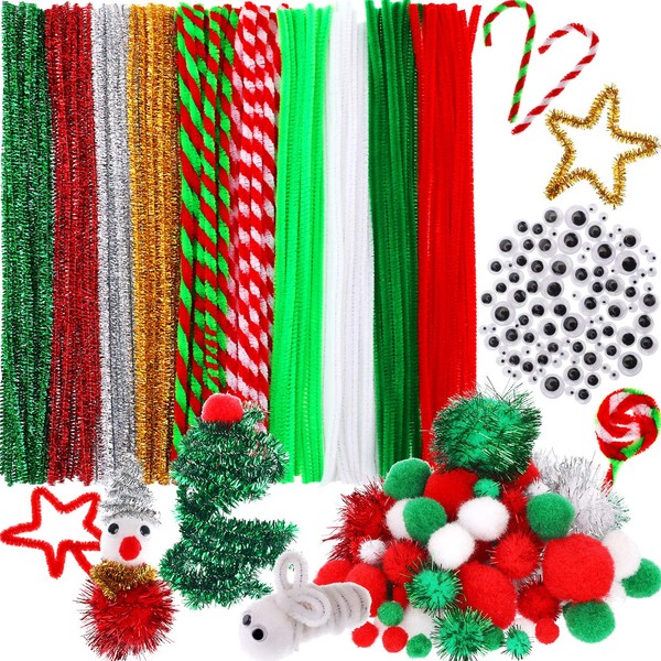 Bememo 350 Pieces Christmas Pipe Cleaners Sets, Including 120 Pieces Christmas Pipe Cleaners, 130 Pieces Colorful Pom Poms and 100 Pieces Self Adhesive Wiggle Eyes for DIY Art
