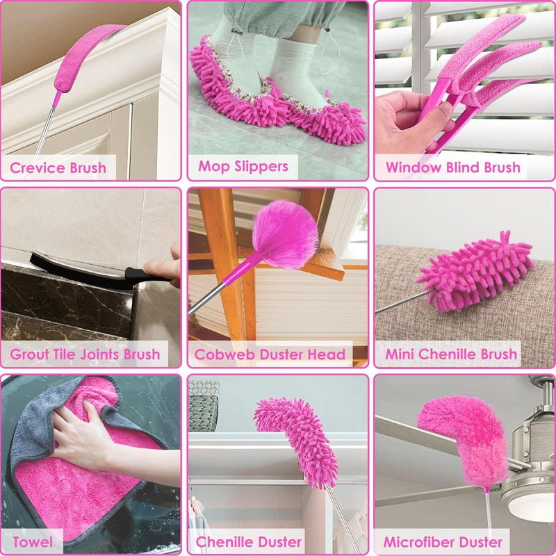 ThinkLearn Microfiber Dusters for Cleaning,14PCS Feather Dusters with Extension Pole,Bendable