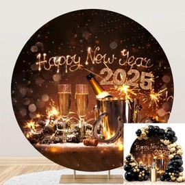 Leyiyi 7.2x7.2ft Happy New Year Round Backdrop Cover Firework Champagne Glasses Horseshoes Metal Bucket Pine Nut 2025 Eve Winter Banquet Set Photography Background Merry Christmas Photo Studio Props