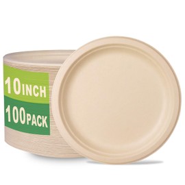 GreenWorks 100 Count 10“ Heavy-duty Compostable Plates, Unbleached Biodegradable Bagasse and Bamboo fiber Paper Plates