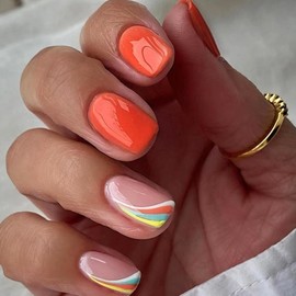 WAFOLOZE Press on Nails Medium Square Fake Nails Orange False Nails with Striped Multi -Color Rainbow Press ons Designs Acrylic Nails Press on Artificial Nails Stick on Nails for Women 24Pcs