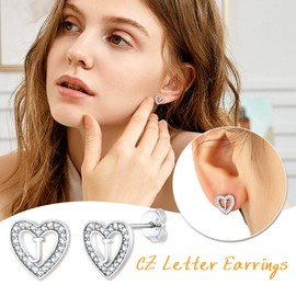 SILVERCUTE J Earrings 925 Silver Stud Sterling SIlver CZ Diamond Heart Letter Earrings for Women