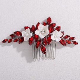 Rumtock White Flower with Red Crystal Beads Hair Comb for Wedding Brides Women Hair Accessories Silver Side Headpiece (Red)