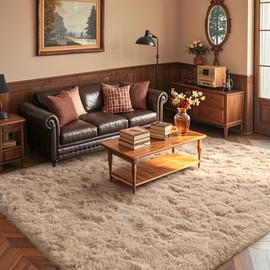 5x7 Living Room Rugs Fluffy Neutral Beige Area Rug,1.7'' Thick Modern Plush Non-Slip Soft Bedroom Shag Carpet for Book Room Office,Coffee Stain Resistant