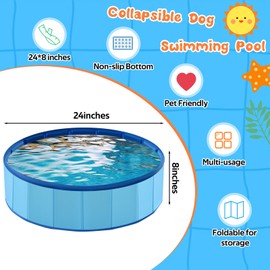 Chunful Foldable Dog Pool with Storage Bag, 24" x 8" Pet Swimming Pool Hard Plastic Portable Bath Tub for Dogs, Cats, Backyard, Beach, and Summer Play, Indoor & Outdoor Use (Blue)