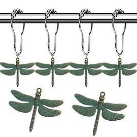 Aimoye Dragonfly Bathroom Shower Curtain Hooks - Rust Proof Brushed Nickel Rings with Dragonfly Pendant Accessories Set Decorate Bath Room with Natural, Forest, Garden, Country Theme, 12PCS (Green)