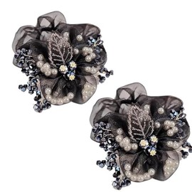 2 Packs Flower Hair Scrunchies for Women, Leaf Embroidery Acrylic Pearl Elastic Hair Ties, Elegant Hair Band, Hair Accessories for Parties, Daily Use(Black)