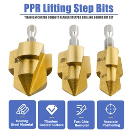 Mesee 3Pcs PPR Lifting Step Drill Bits for Water Tube Titanium Coated Pipe Reamer Drill Bit Set 1/4" Hex Shank Quick Change Expansion Repair Bits Plumbing Boring Reaming Tool for 1/2" 3/4" 1" Pipes