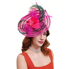 Cizoe Fascinators for Women with Feather Mesh Veil Headband Bridal Wedding Tea Party Cocktail Hat(C-Rose)