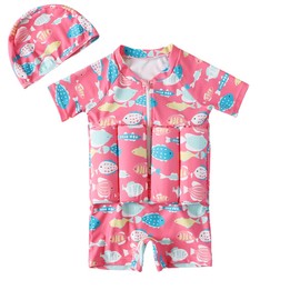 Digirlsor Kids Floatation Swimsuits Baby Boys Girls One Piece Float Suit Short Sleeve Swim Vest Zip up Buoyancy Swimwear +Cap Pink