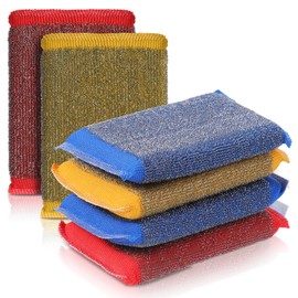 Steel Wool Scrubber Dish Sponges, 6Pcs Reusable Dish Scrubber Sponge for Kitchen Washing Dishes, Pots and Pans, Household Cleaning, Gentle and Non Scratch (Red, Yellow, Blue)