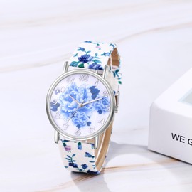 JewelryWe Womens Floral Canvas Watches: Analog Quartz Easy Read Simple Big Dial Flower Wristwatch