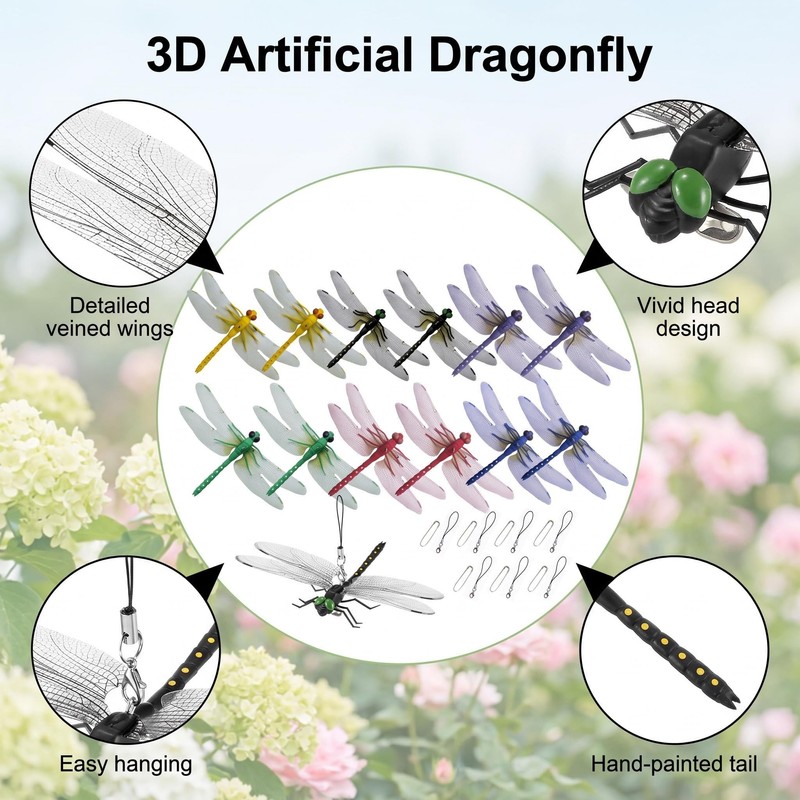 12PCS 3D Artificial Dragonfly Clips – Durable TPR/PVC Hanging Ornaments