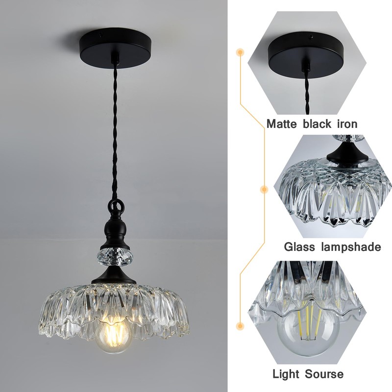 CVKASH Vintage Glass Pendant Light Fixture Black Modern Adjustable Chandelier