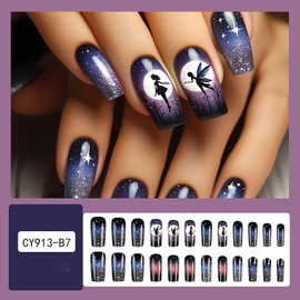 Cute Elf Press on Nails Long Length Starry Sky and Forest Pattern Design Artificial Nails Black Gradient Press Nails Full Cover Stick on Nails Glitter Nails Acrylic Glue on Nails for Women 24Pcs
