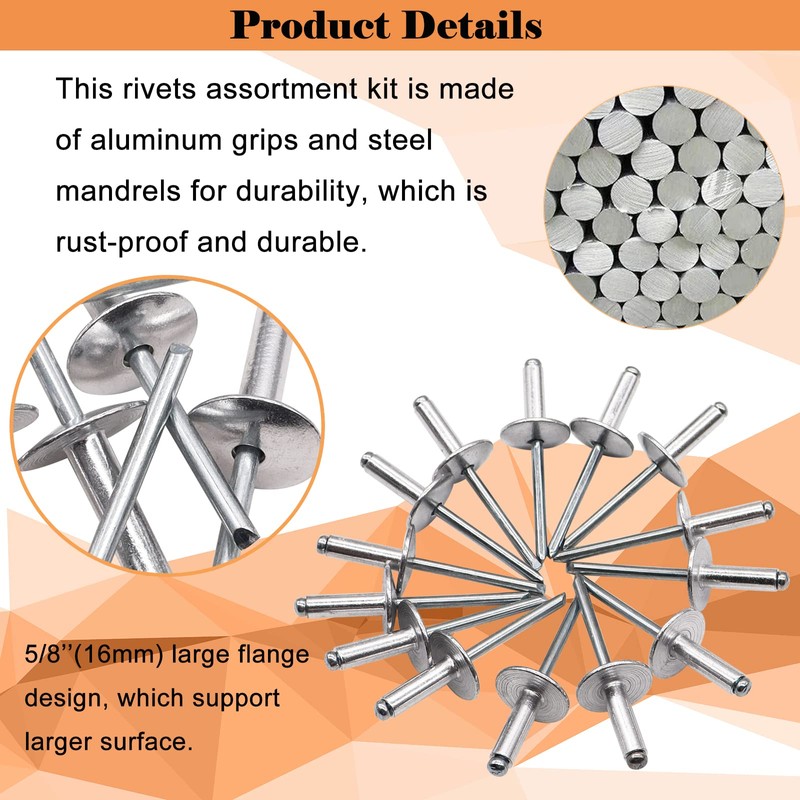 Sunxeke 100pcs Aluminum Large Flange Blind Rivets, 3/16" x 3/8",